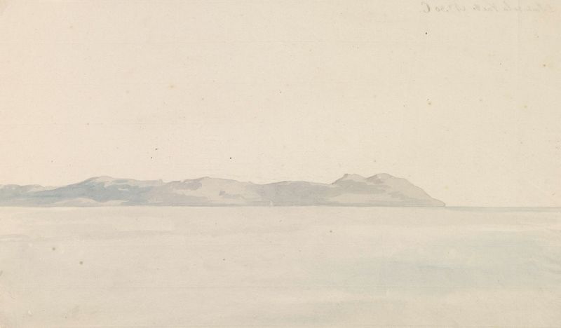 Watercolour by Abraham-Louis-Rodolphe Ducros depicting a coastal scene with a church and the Bay of Naples.