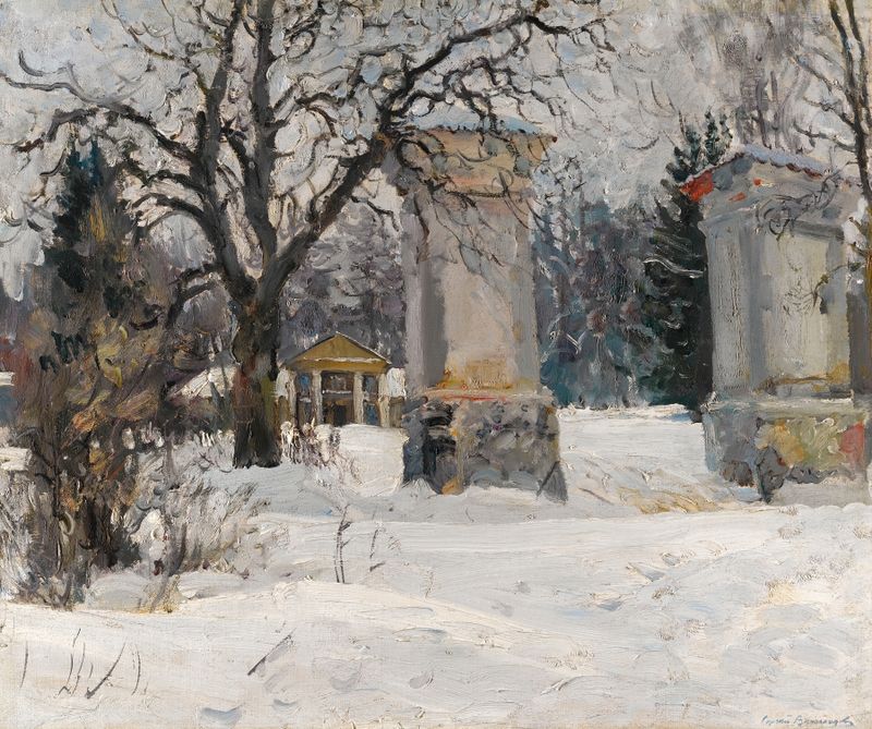 Winter landscape of an estate with an archway, by Sergei Arsenevich Vinogradov, oil painting