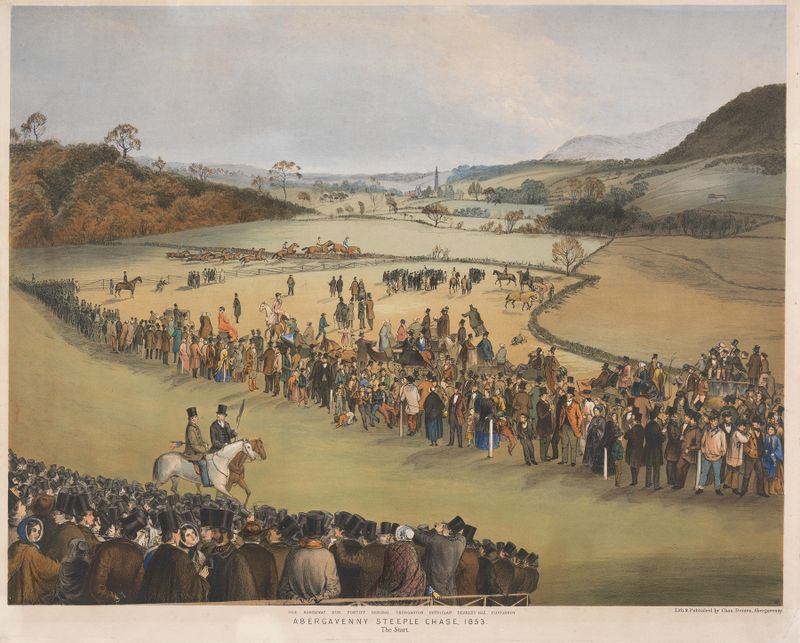 Abergavenny Steeple Chase: The Start by Charles Denton, oil on canvas depicting a lively horse race