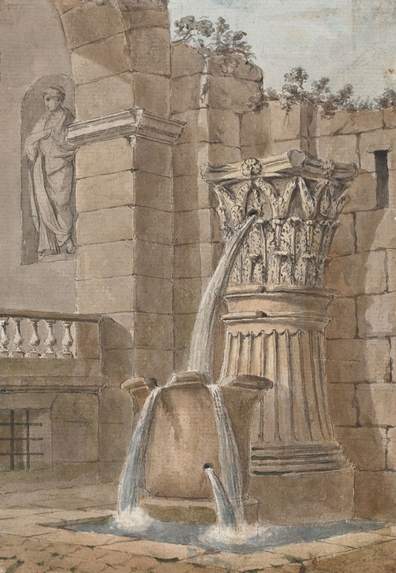 Fountain in a Courtyard, ink on paper by Charles Louis Clérisseau