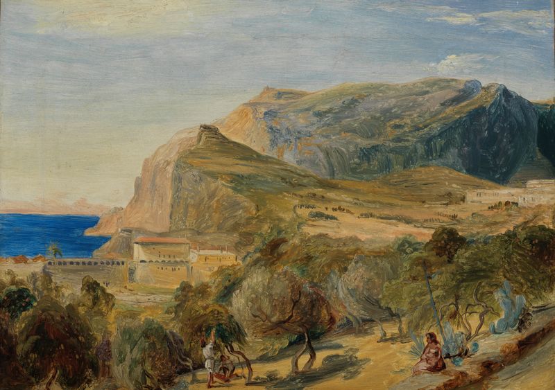 Blick auf den Monte Castiglione in Capri, oil on canvas by Carl Blechen, depicting hills and cliffs.