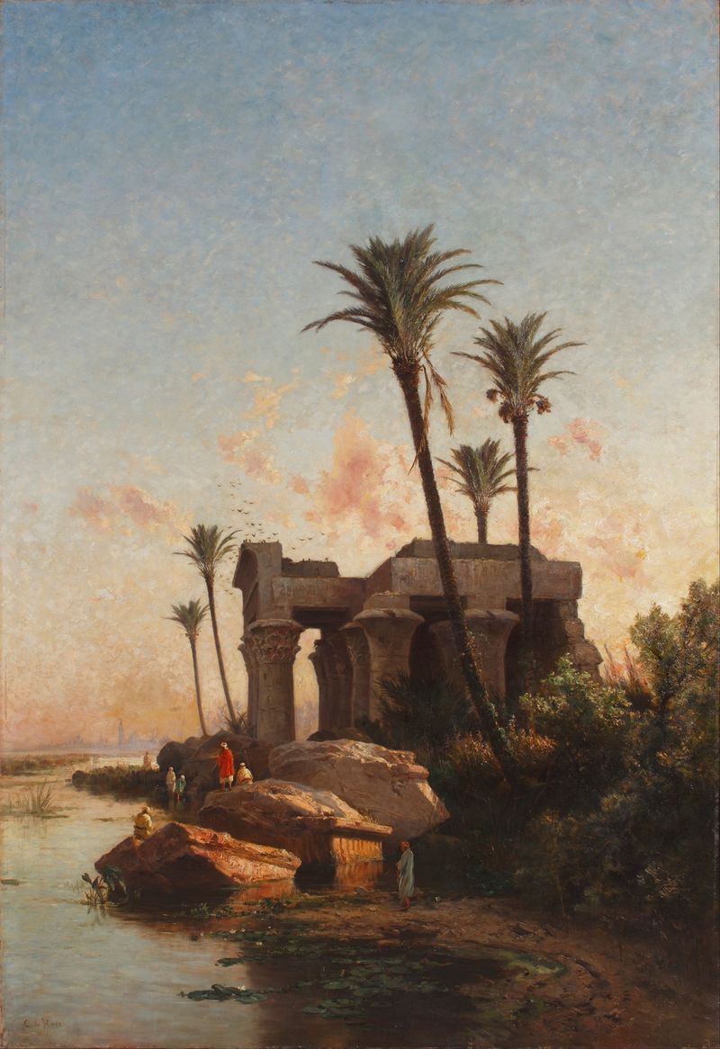 Egyptian Landscape by Carlos de Haes, oil on canvas depicting lush greenery and rolling hills.