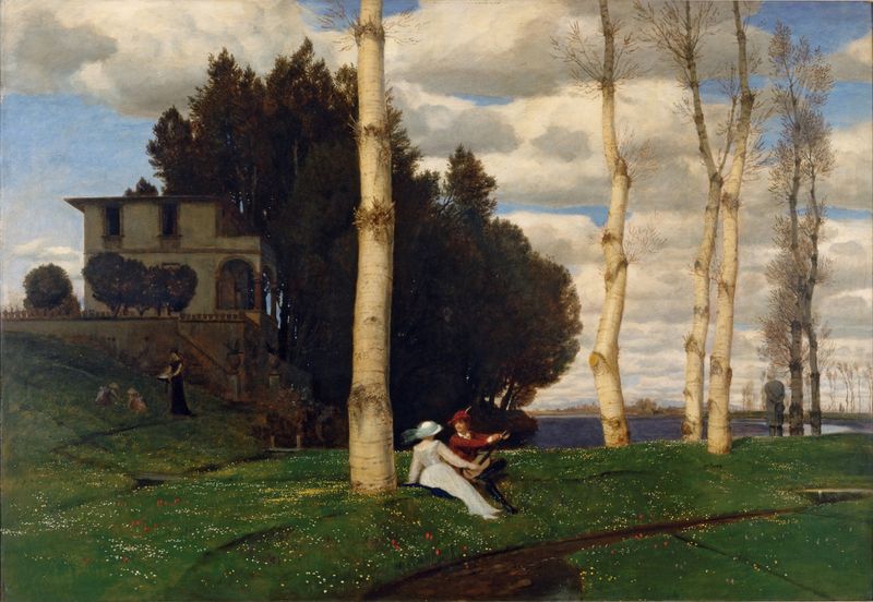 Spring Day (The Three Life Ages) by Arnold Böcklin, oil painting depicting youth and nature.