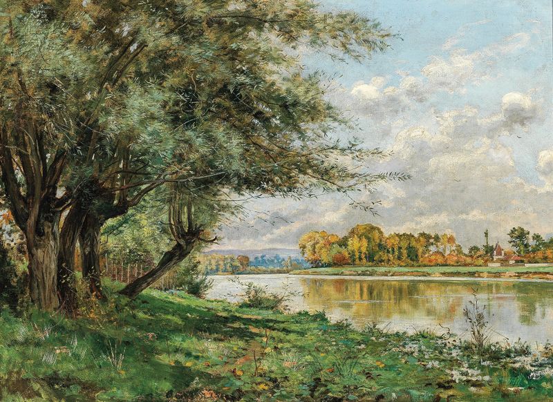 Paisagem impressionista de prados e um rio de Rene Maurice Fath