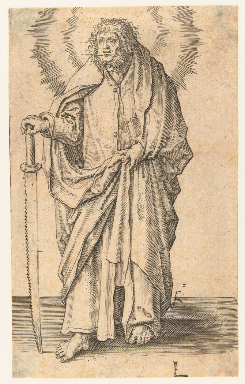 Gravura de Lucas van Leyden retratando um apóstolo solitário em ricos trajes carmesim e dourados.