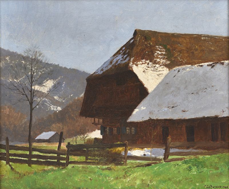 Landscape of Black Forest Idyll by Karl Schuster, depicting a forest path and dense trees, oil painting