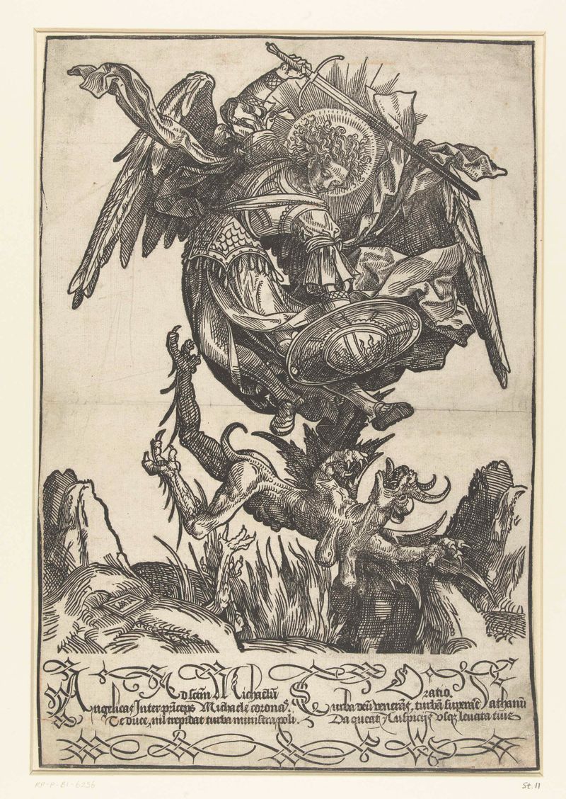 São Miguel em armadura, criado por Jacob Cornelisz van Oostsanen, meio papel.