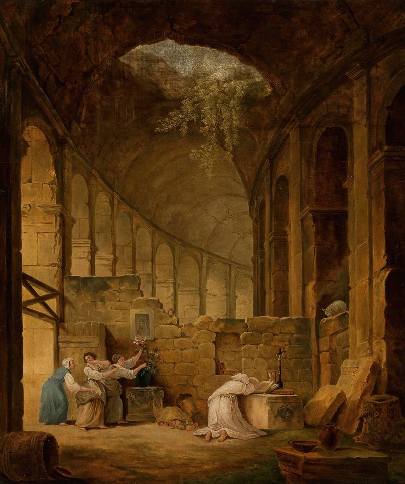 Interior do Coliseu em Roma por Aleksandra Potocka, retratando arcos e luz do sol.