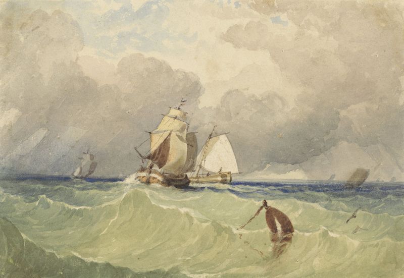 Marine scene of tjalk sailing in full sea by Thomas Sewell Robins, oil painting