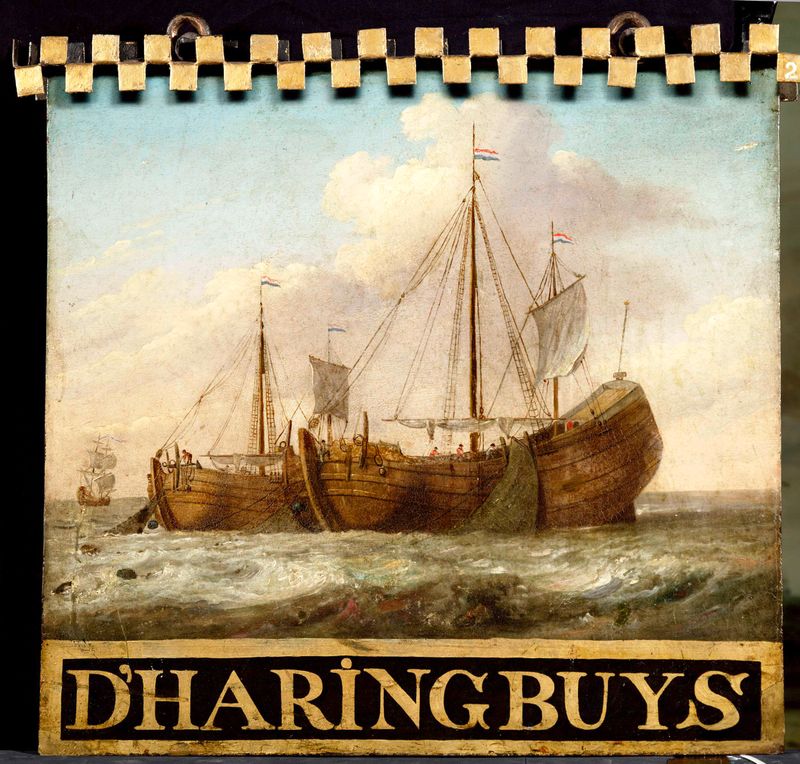 sinal de metal representando barcos de arenque em ambos os lados por Unknown Artist