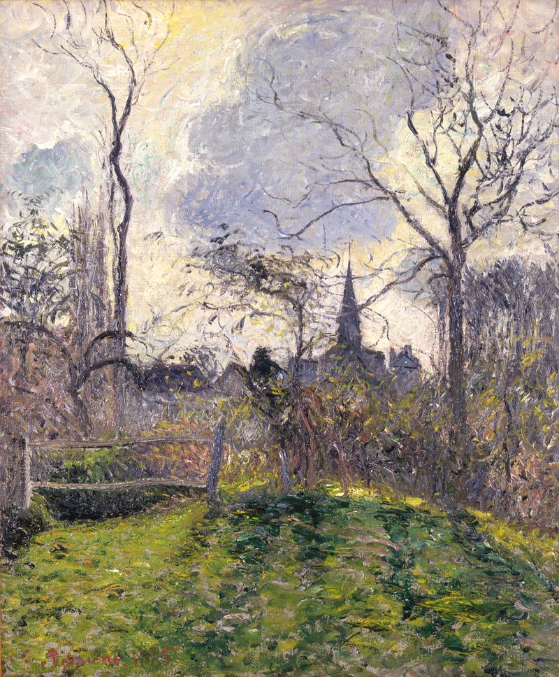 La Torre del Campanario de Bazincourt de Camille Pissarro, óleo que muestra un campanario y un paisaje de pueblo.