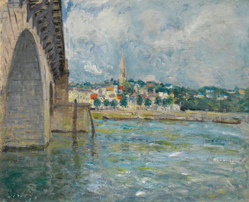 Le Pont De St. Cloud de Alfred Sisley, óleo sobre lienzo, que representa un paisaje fluvial tranquilo con un puente.
