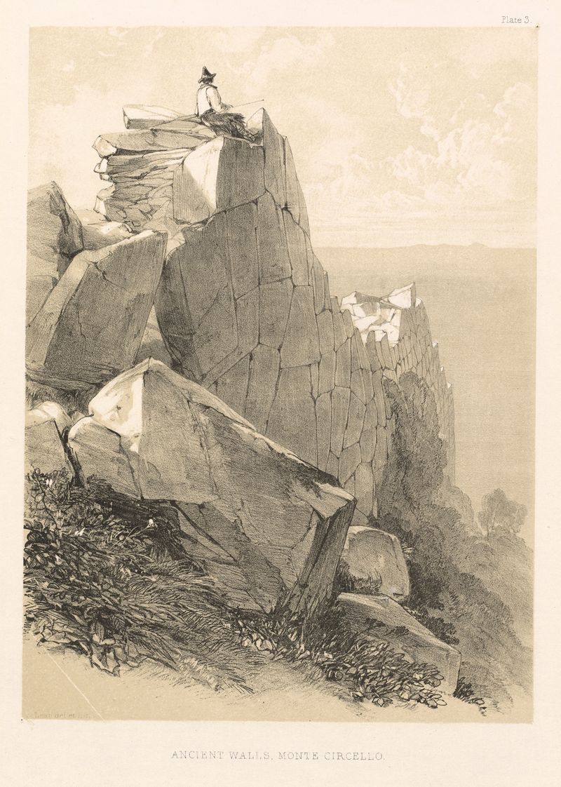 Paisagem com muros antigos e folhagem de Edward Lear, óleo, 1846