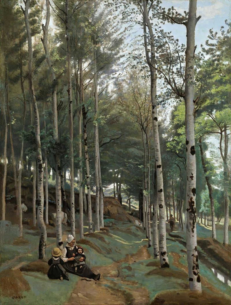 Paisagem de Jean-Baptiste-Camille Corot, pintura a óleo que retrata um caminho sereno na natureza.