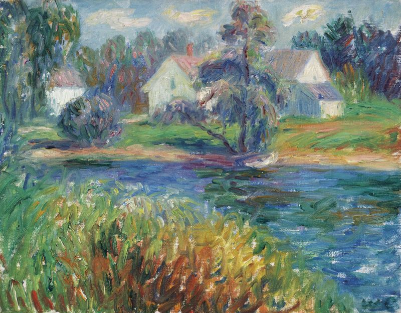 Conway Pond de William James Glackens, pintura al óleo que representa un tranquilo estanque y árboles circundantes.