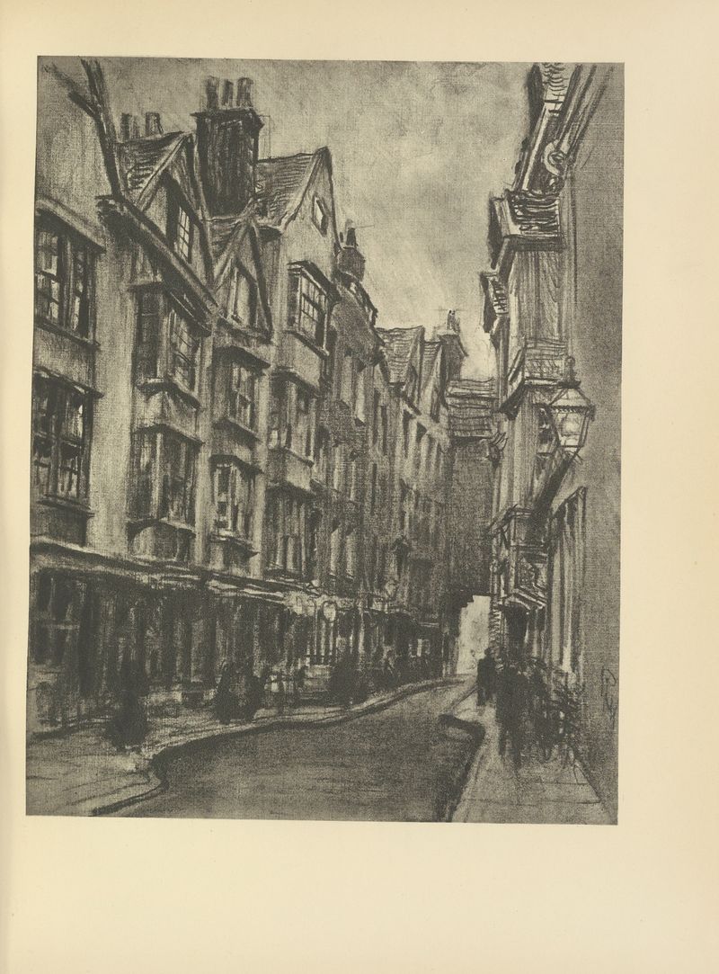Grabado modernista de Joseph Pennell que representa arquitectura con luz y sombra