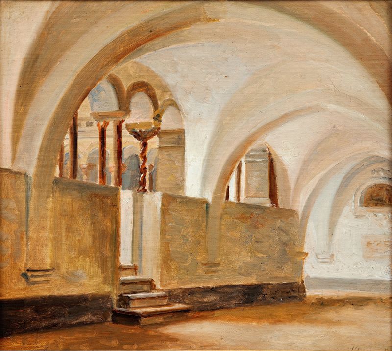 Interior scene of a sunlit courtyard by Jørgen Roed, oil painting
