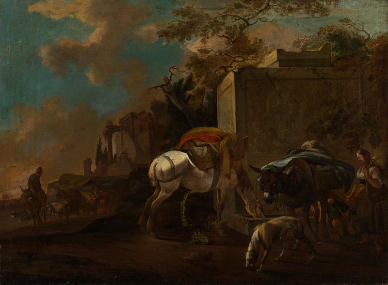 Landscape with farmers and livestock at a well, oil painting by Jan van Ossenbeeck