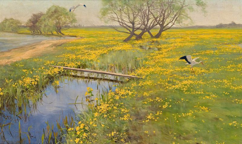 Primavera de Henryk Weyssenhoff, óleo sobre lienzo que representa flores y vegetación vibrantes.