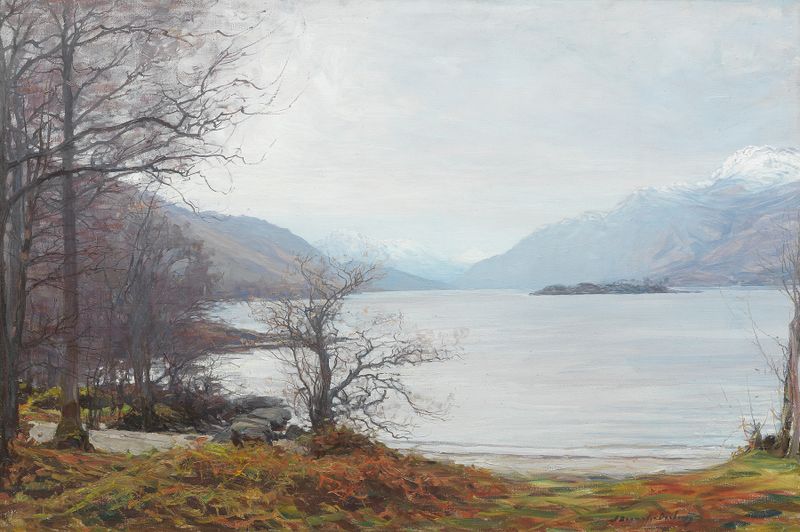 Oil painting by Alexander Brownlie Docharty depicting a highland loch with mountains and reflections.