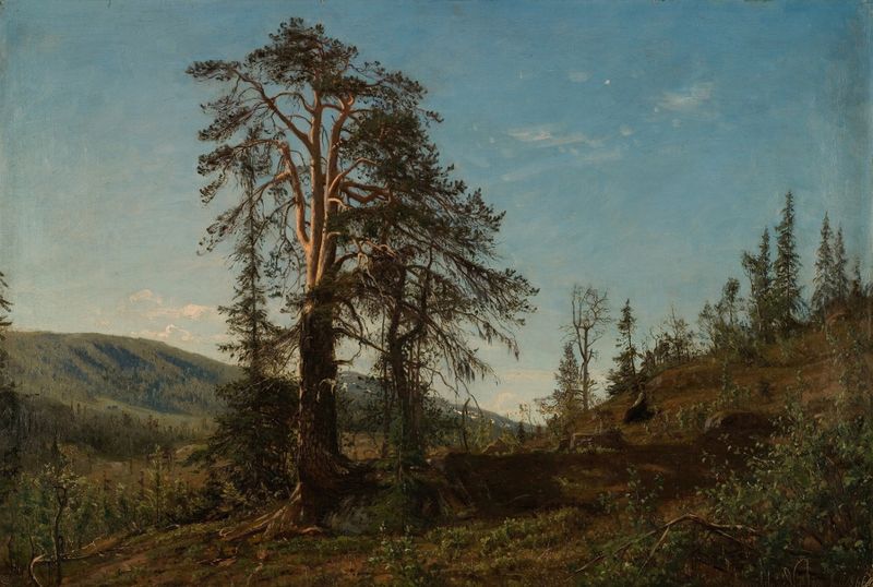 Paisagem de colinas e céu em I Vingeråsheia, Telemark de Amaldus Nielsen, pintura a óleo