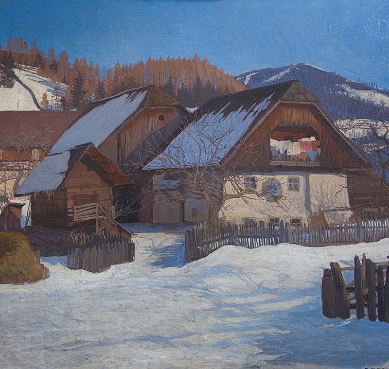 Bauernhaus by Friedrich Beck, oil on canvas depicting a farmhouse and hills.