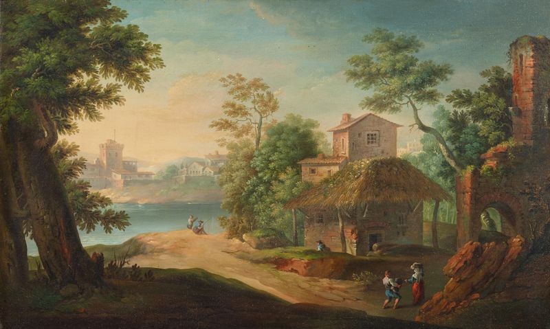 Rococo oil painting by Paolo Anesi depicting a village by a river with anglers and peasants.