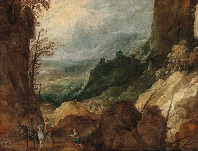 A mountainous landscape with travellers, oil painting by Joos de Momper