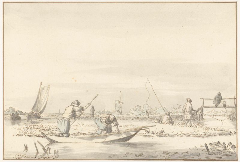 Polderlandschap met vissers de Pieter Coopse, pintura al óleo que muestra pescadores en un paisaje rural