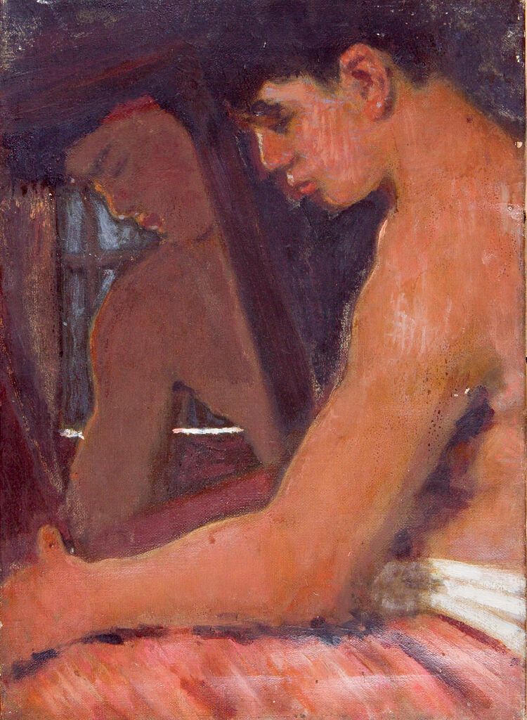 Retrato de un joven sentado sosteniendo un espejo, óleo sobre lienzo de Denman Waldo Ross
