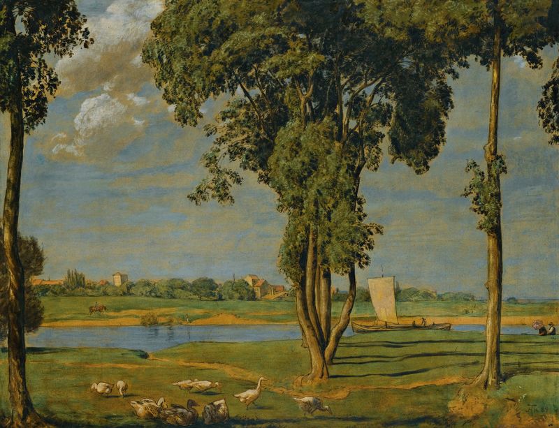 On The Banks Of The River Main, pintura a óleo de Hans Thoma que retrata uma cena serena à beira do rio.