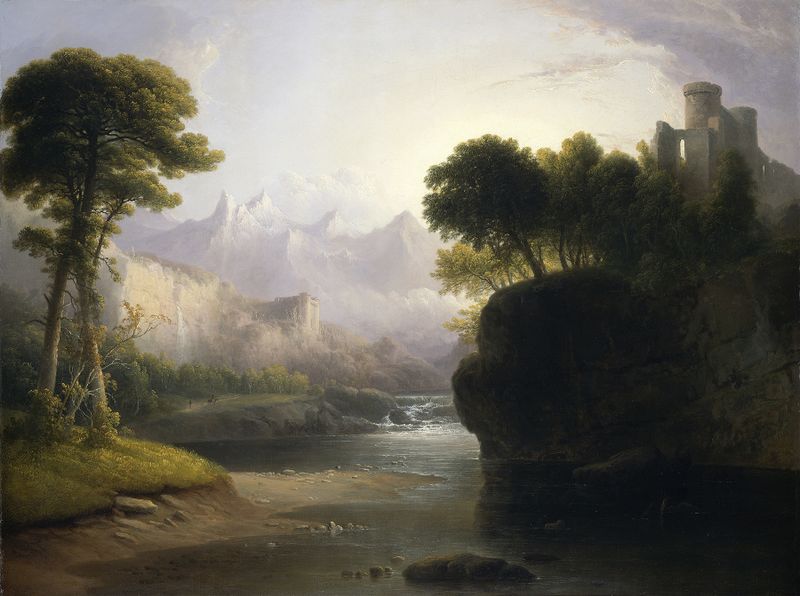 Fanciful Landscape by Thomas Doughty, oil on canvas depicting rolling hills and golden light.