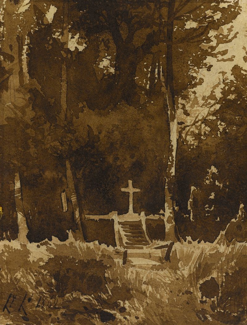 Escena figurativa con una figura solitaria bajo un vasto cielo, óleo de Henri-Joseph Harpignies