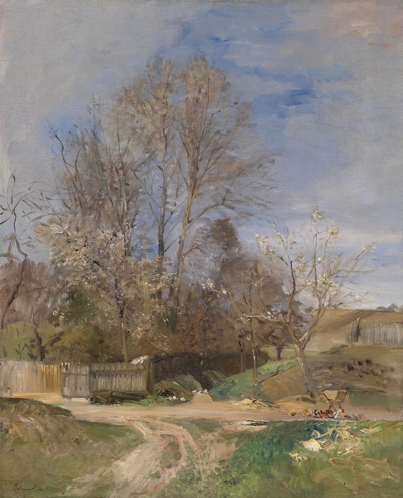 Paisagem com campos verdes e luz dourada de Emil Jakob Schindler, meio desconhecido.
