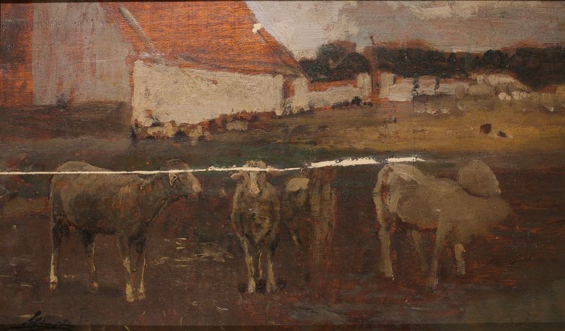 Dorflandschaft mit Schafen, óleo sobre lienzo de Emil Jakob Schindler, que representa un paisaje de pueblo con ovejas.