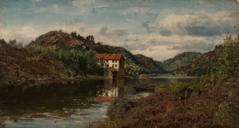 Hovenkilen ved Mandal de Amaldus Nielsen, óleo sobre tela que retrata um fiorde tranquilo ao crepúsculo.