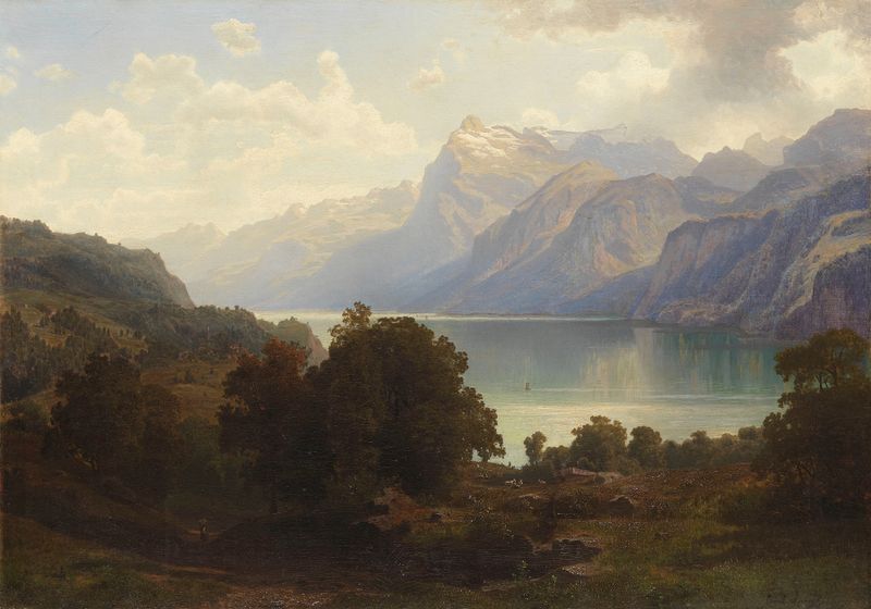 Paisagem com lago e montanhas, pintura a óleo de Carl Jungheim