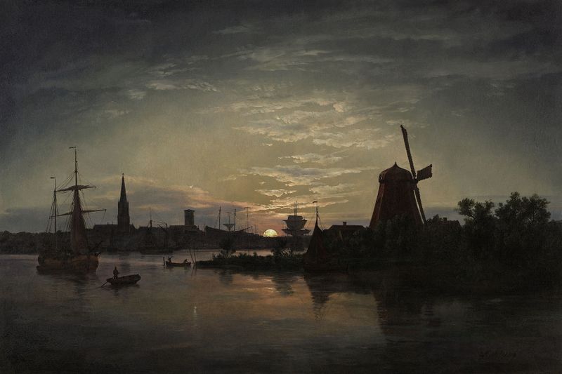 Swinoujscie in the moonlight de Johan Christian Dahl, pintura a óleo mostrando a luz da lua refletindo na água.