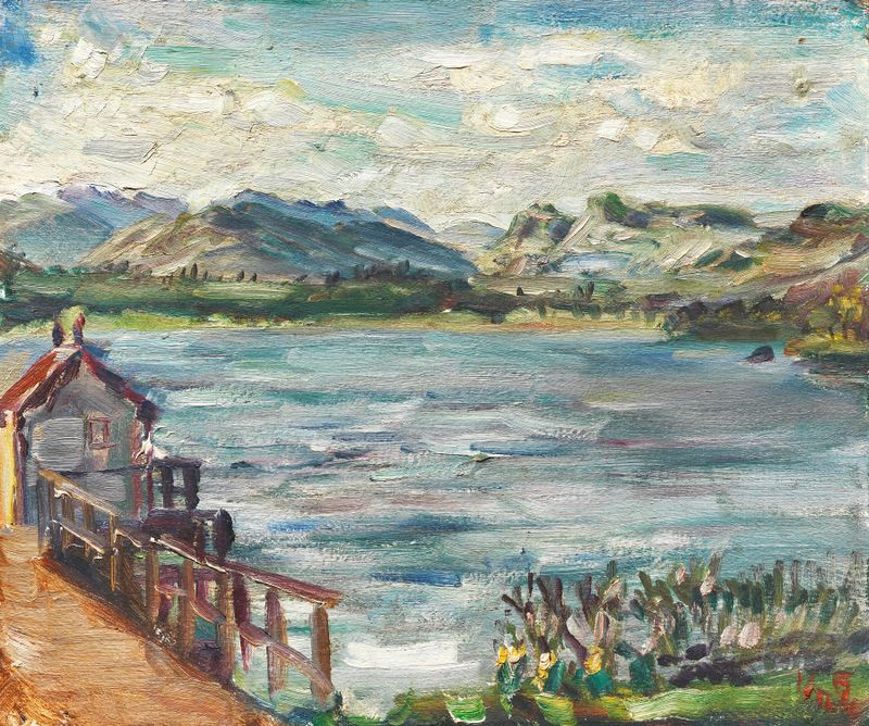 Colagem de Kurt Schwitters representando Lake Windermere com azuis e verdes em espiral.