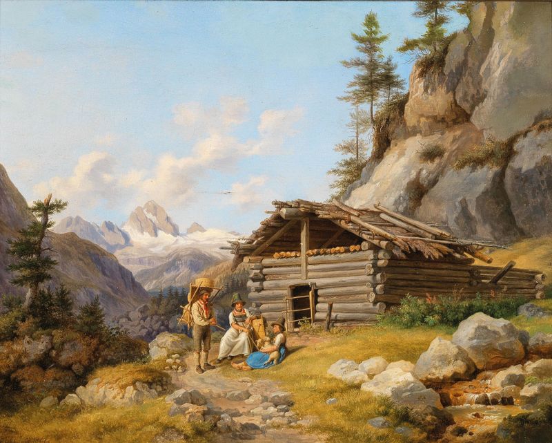 On the Alpine Pastures, pintura al óleo de Johann Philipp Heinel, que representa un paisaje tranquilo de montaña.