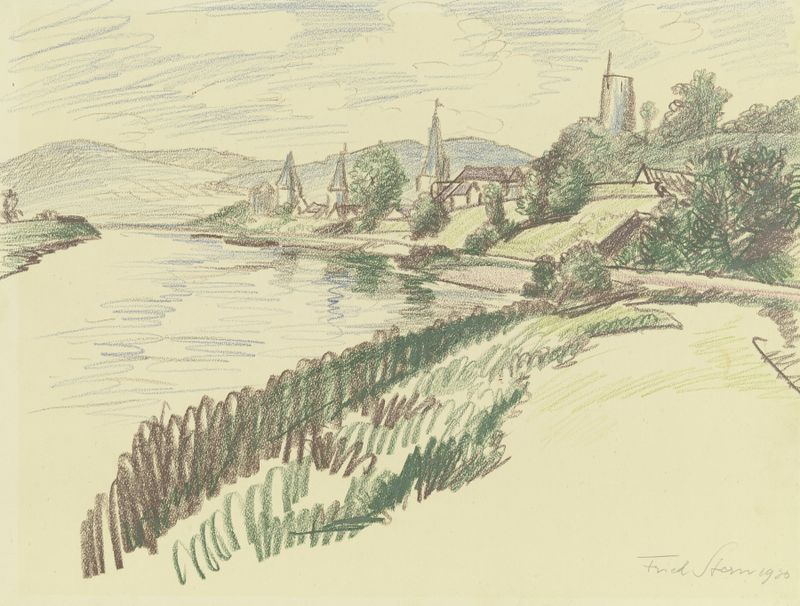 Gemünden am Main by Fried Stern, oil on canvas depicting a serene river landscape.