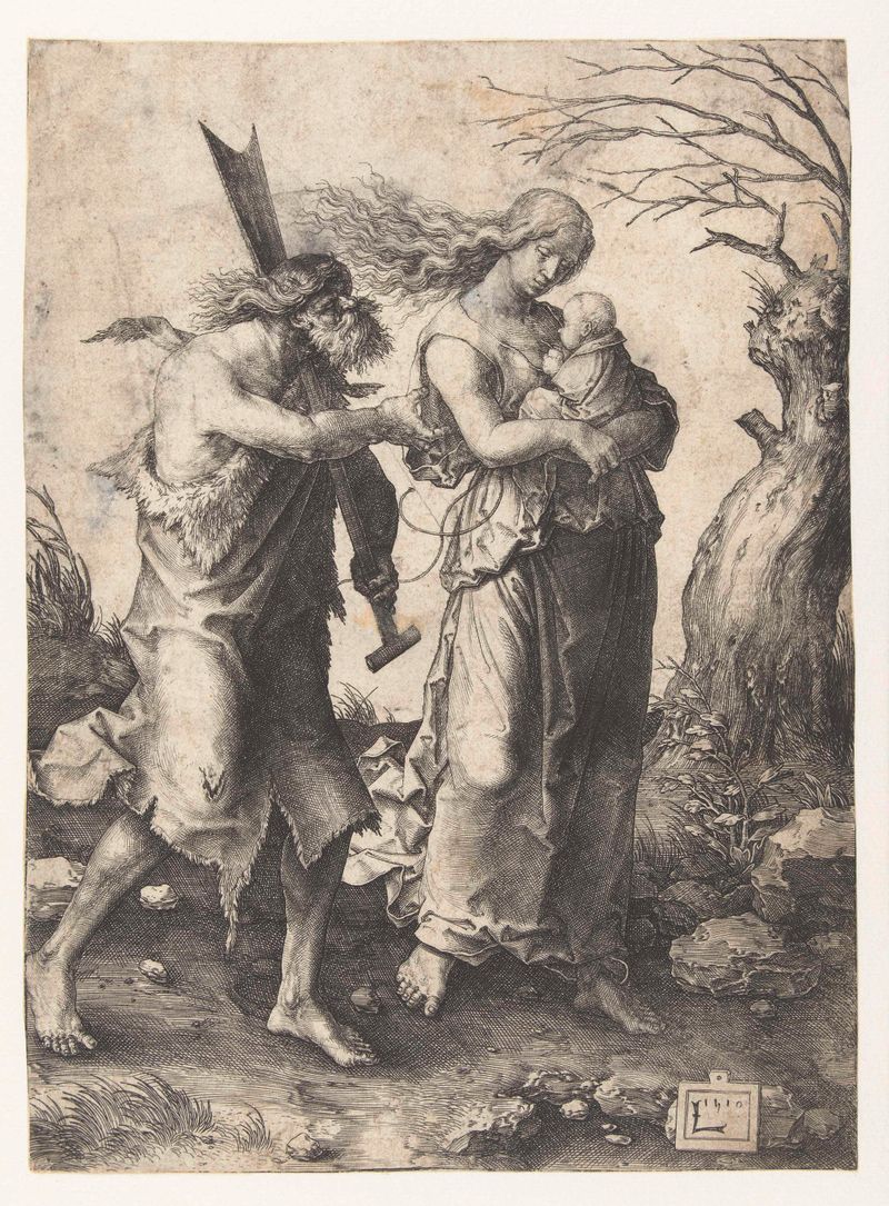 Engraving of Adam and Eve after their expulsion from paradise by Lucas van Leyden
