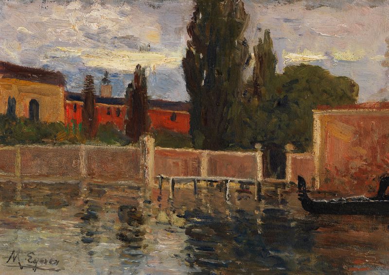 San Lazzaro bei Venedig de Marie Egner, óleo sobre tela representando um mosteiro sob um céu cerúleo.