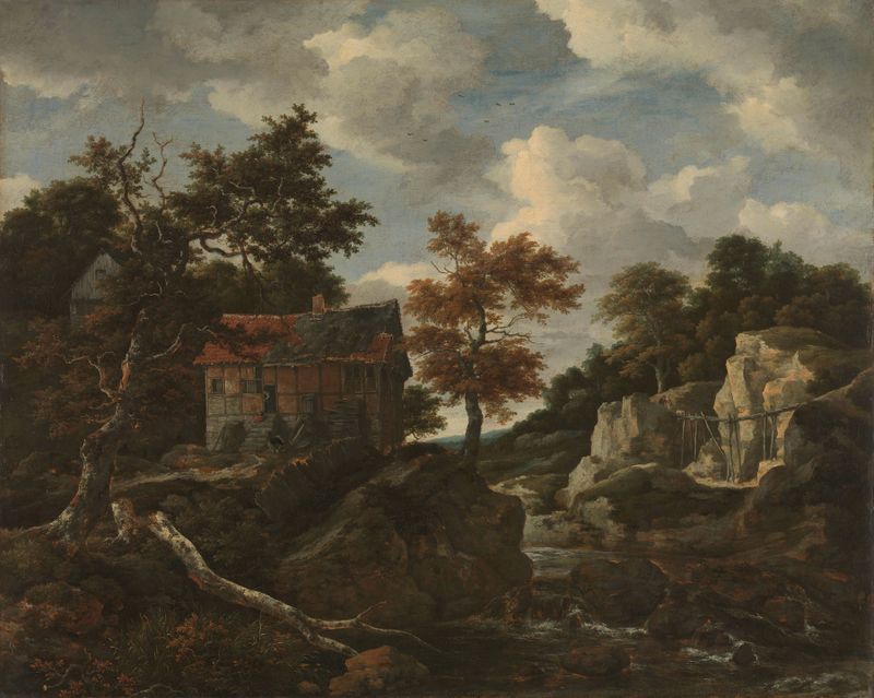Rocky landscape de Jacob van Ruisdael, pintura a óleo com penhascos e um céu tranquilo.