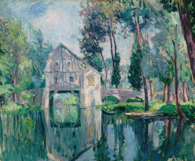 Le moulin de Henri Lebasque, óleo sobre lienzo que representa un molino en un paisaje sereno