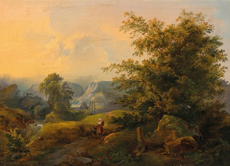 A Landscape with Figural Staffage de Julius Theodor Gruss, óleo sobre tela que retrata um riacho sereno e figuras.