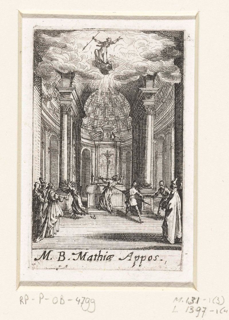 Het martelaarschap van Matthias, etching by Jacques Callot, depicting a martyr surrounded by chaos.