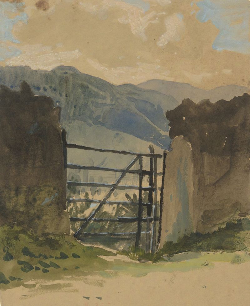Esboço a lápis de um muro de pedra e portão de Edwin Austin Abbey