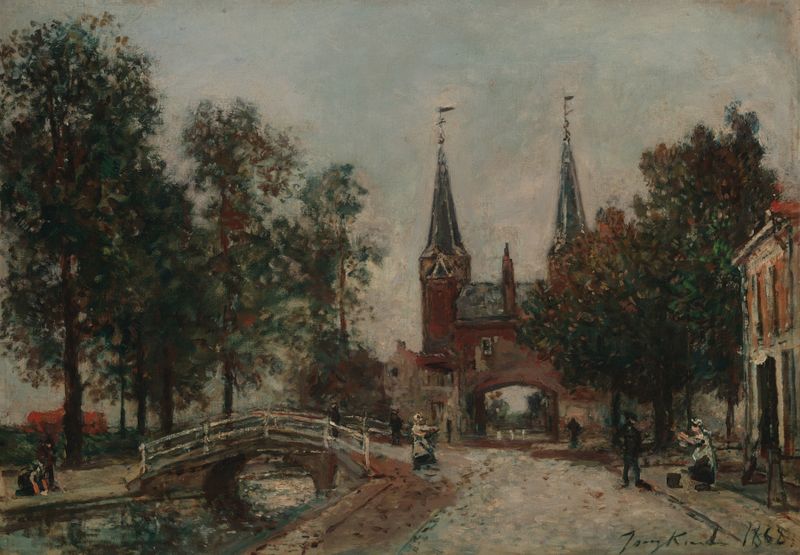 Scene at Delft, óleo sobre tela de Johan Barthold Jongkind, retratando uma cidade tranquila com reflexos na água.
