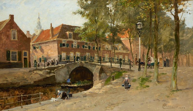 Stadsgezicht met brug de Paul Hermanus, óleo sobre lienzo que representa un puente sobre un río.